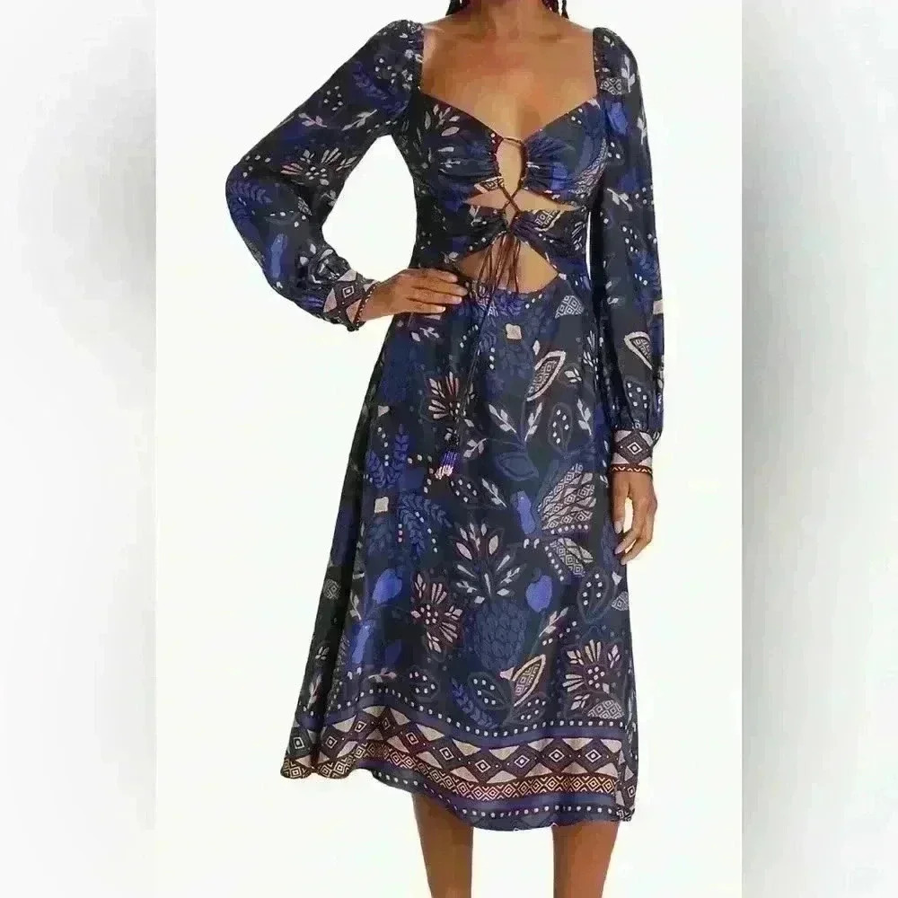 Farm Rio Macaw Forest Navy Cutout Midi Dress XS NWT Long Sleeve Boho